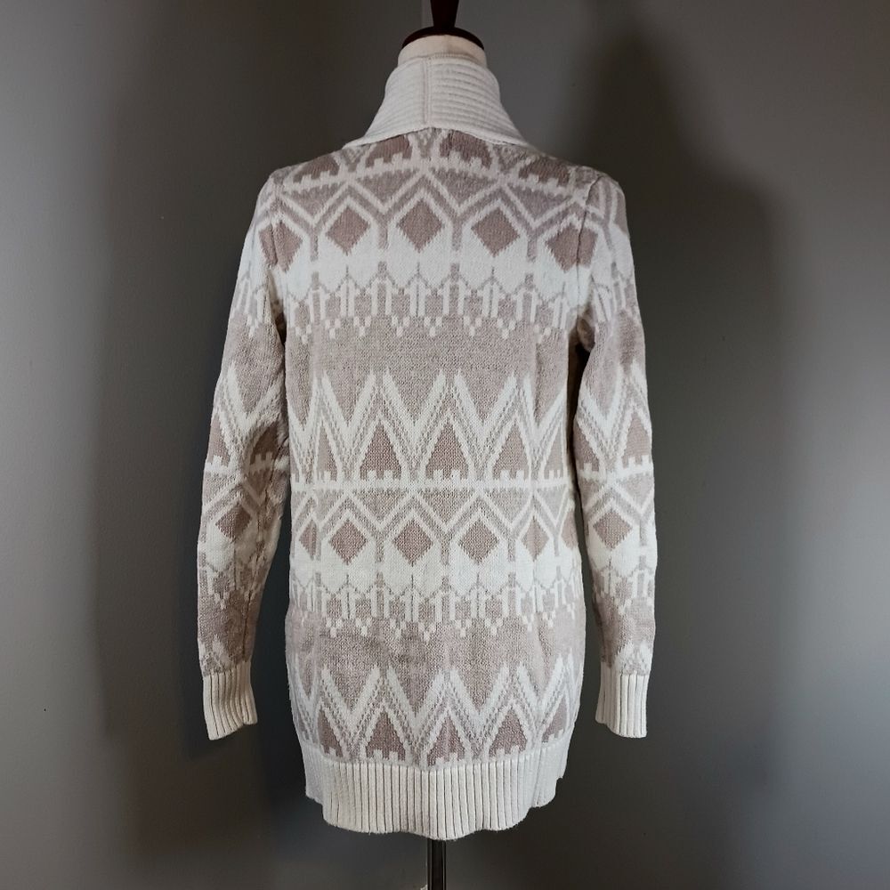 OLD NAVY Cotton Cardigan Fair Isle Sweater Long Open Shawl Collar Taupe Size S - Picture 4 of 12